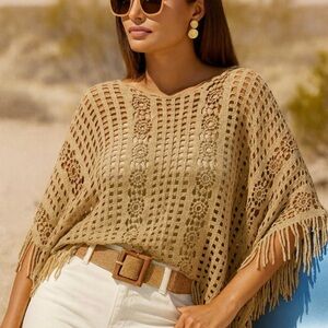 BOSTON PROPER FRINGED PONCHO OPEN WEAVE TOP BEIGE COLOR, SIZE L/XL